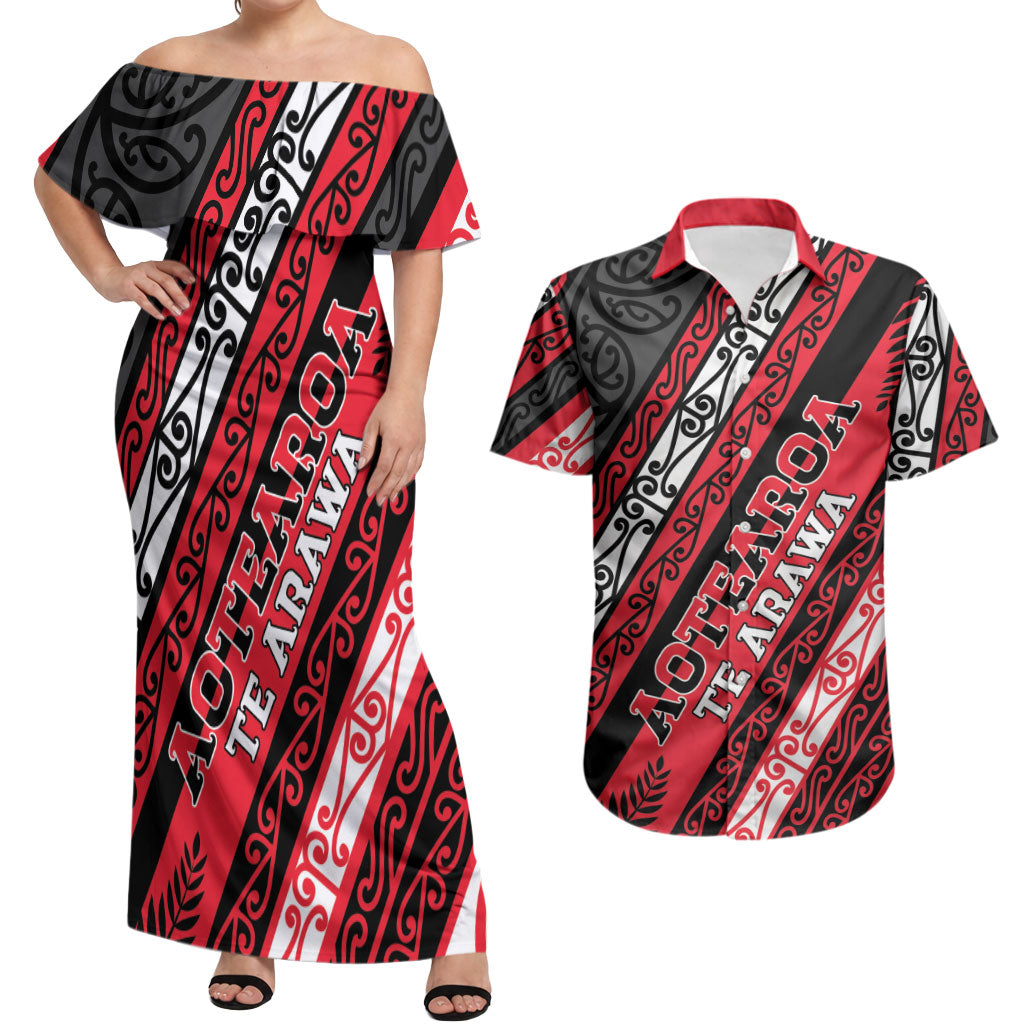 Personalised Aotearoa Te Arawa Couples Matching Off Shoulder Maxi Dress and Hawaiian Shirt New Zealand Maori Tribal Fern Pattern DT05 Red - Polynesian Pride