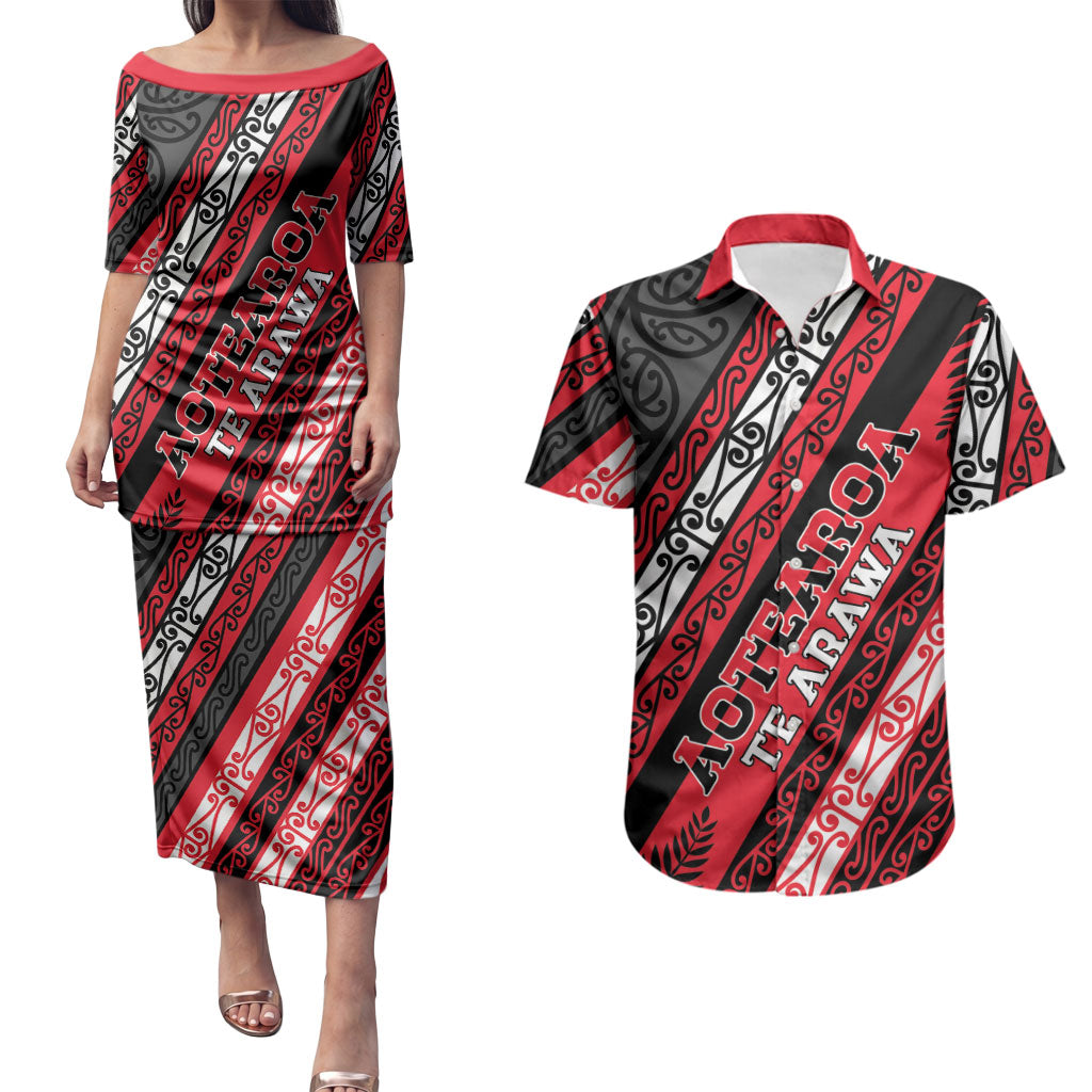 Personalised Aotearoa Te Arawa Couples Matching Puletasi and Hawaiian Shirt New Zealand Maori Tribal Fern Pattern DT05 Red - Polynesian Pride