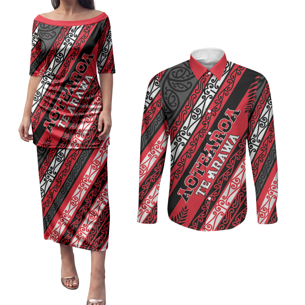 Personalised Aotearoa Te Arawa Couples Matching Puletasi and Long Sleeve Button Shirt New Zealand Maori Tribal Fern Pattern