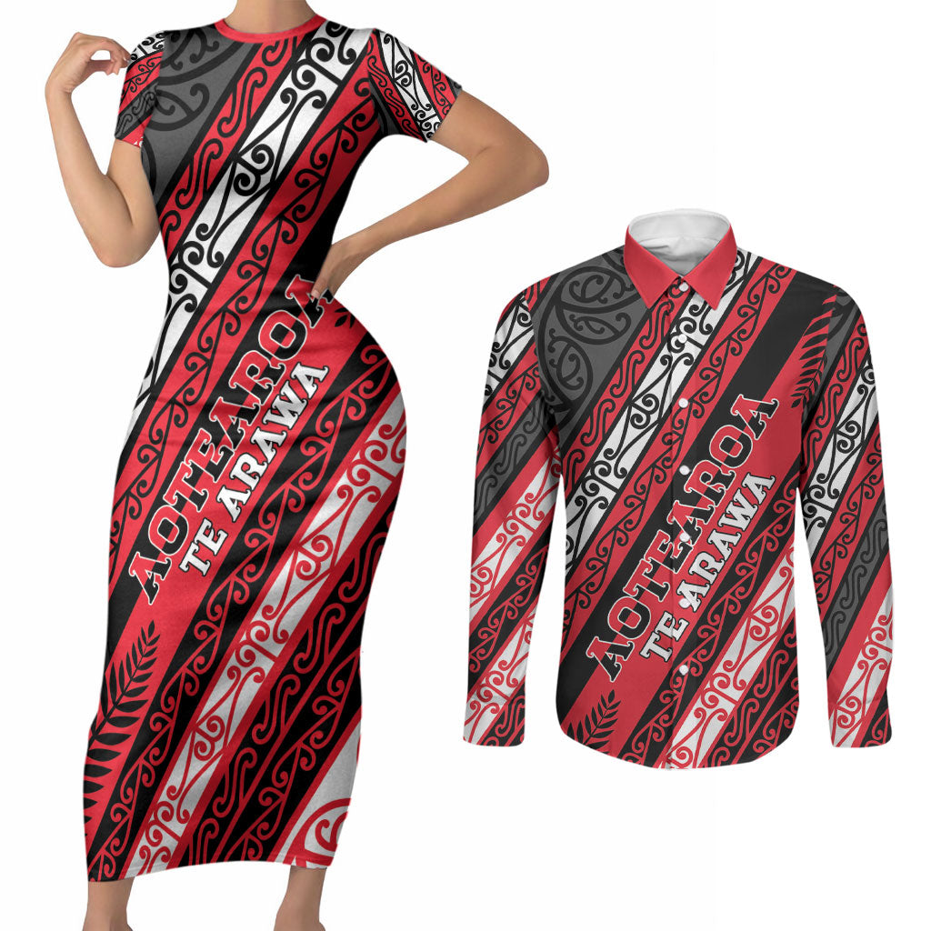 Personalised Aotearoa Te Arawa Couples Matching Short Sleeve Bodycon Dress and Long Sleeve Button Shirt New Zealand Maori Tribal Fern Pattern DT05 Red - Polynesian Pride
