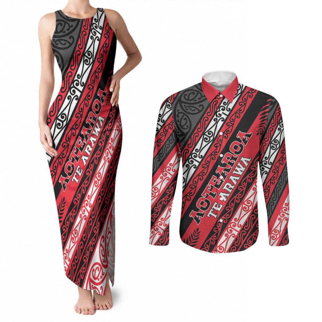 Personalised Aotearoa Te Arawa Couples Matching Tank Maxi Dress and Long Sleeve Button Shirt New Zealand Maori Tribal Fern Pattern