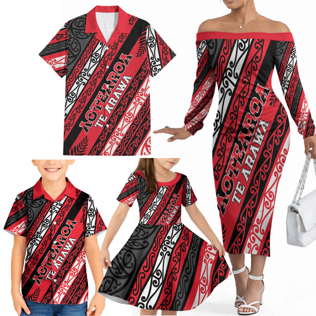 Personalised Aotearoa Te Arawa Family Matching Off The Shoulder Long Sleeve Dress and Hawaiian Shirt New Zealand Maori Tribal Fern Pattern DT05 - Polynesian Pride