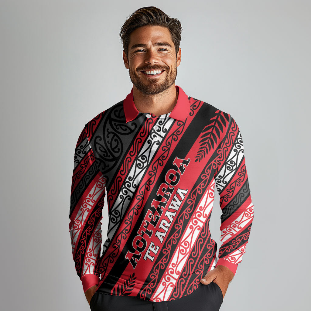 Personalised Aotearoa Te Arawa Long Sleeve Polo Shirt New Zealand Maori Tribal Fern Pattern