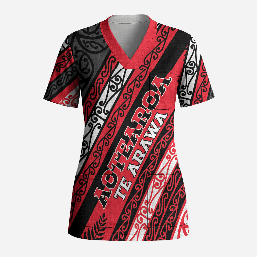 Personalised Aotearoa Te Arawa Scrub Top New Zealand Maori Tribal Fern Pattern DT05 Adult Red - Polynesian Pride
