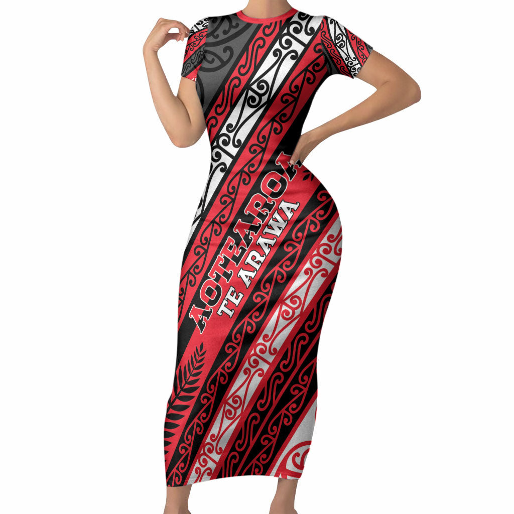 Personalised Aotearoa Te Arawa Short Sleeve Bodycon Dress New Zealand Maori Tribal Fern Pattern DT05 Long Dress Red - Polynesian Pride
