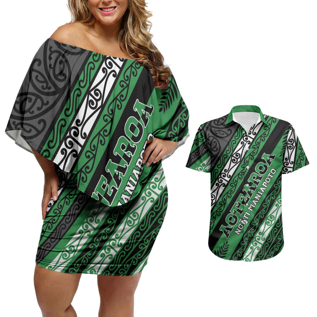 Personalised Aotearoa Ngati Maniapoto Couples Matching Off Shoulder Short Dress and Hawaiian Shirt New Zealand Maori Tribal Fern Pattern DT05 Green - Polynesian Pride