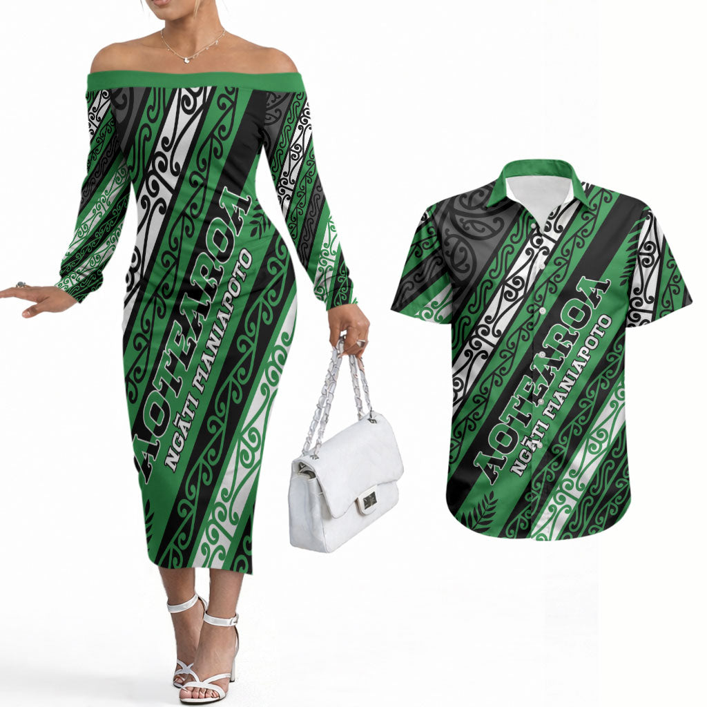 Personalised Aotearoa Ngati Maniapoto Couples Matching Off The Shoulder Long Sleeve Dress and Hawaiian Shirt New Zealand Maori Tribal Fern Pattern DT05 Green - Polynesian Pride