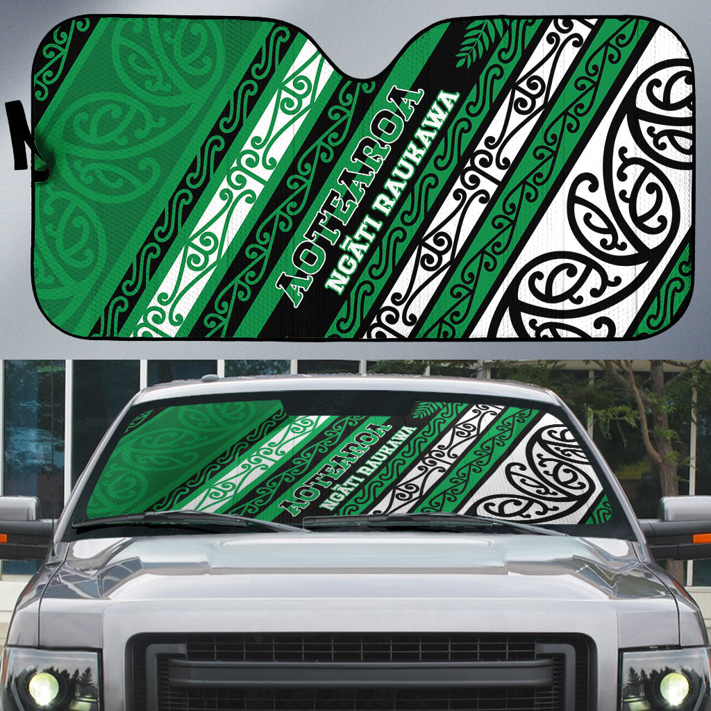 Aotearoa Ngati Raukawa Auto Sun Shade New Zealand Maori Tribal Fern Pattern DT05 Green - Polynesian Pride