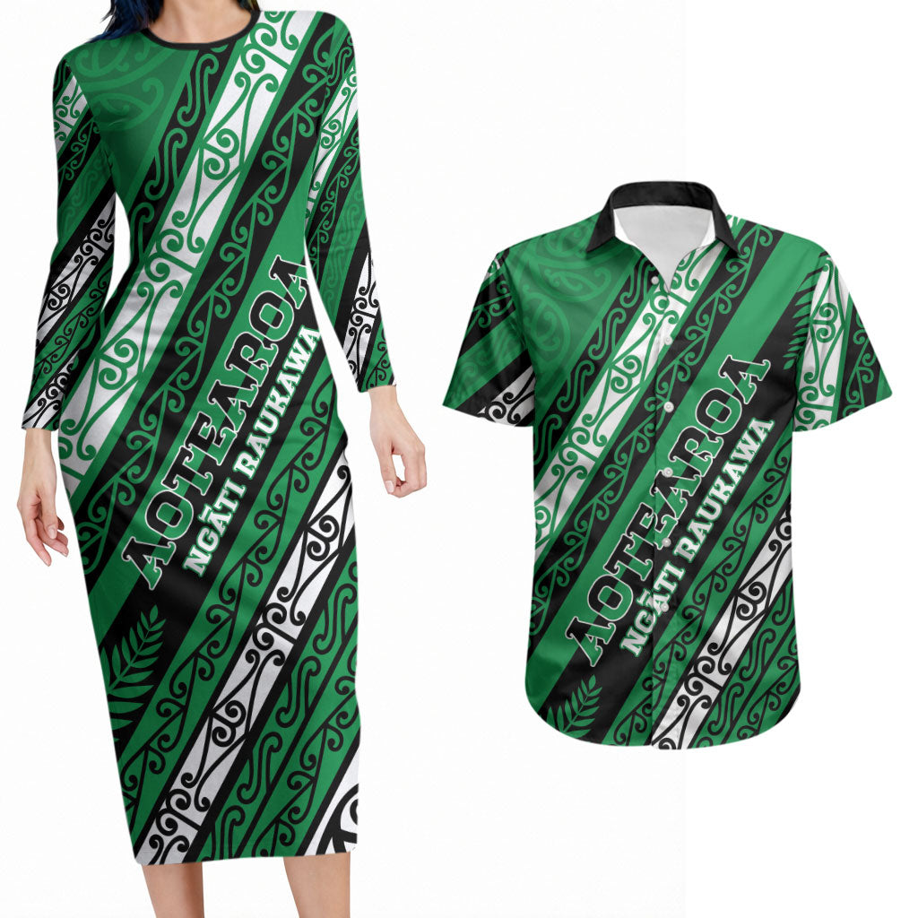 Personalised Aotearoa Ngati Raukawa Couples Matching Long Sleeve Bodycon Dress and Hawaiian Shirt New Zealand Maori Tribal Fern Pattern DT05 Green - Polynesian Pride