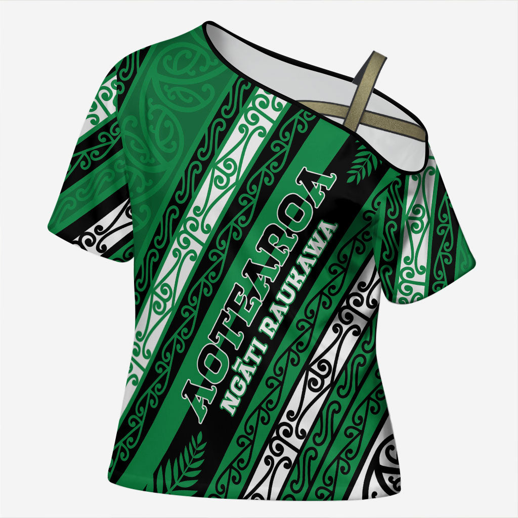 Personalised Aotearoa Ngati Raukawa Cross Shoulder Shirt New Zealand Maori Tribal Fern Pattern DT05 Female Green - Polynesian Pride
