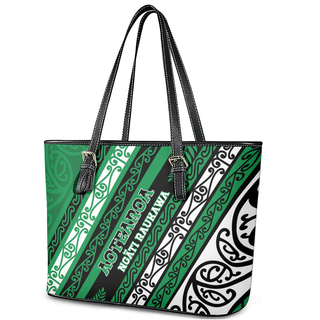 Aotearoa Ngati Raukawa Leather Tote Bag New Zealand Maori Tribal Fern Pattern