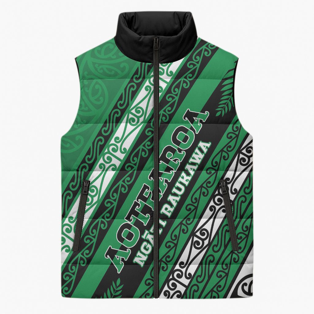 Personalised Aotearoa Ngati Raukawa Sleeveless Puffer Jacket New Zealand Maori Tribal Fern Pattern