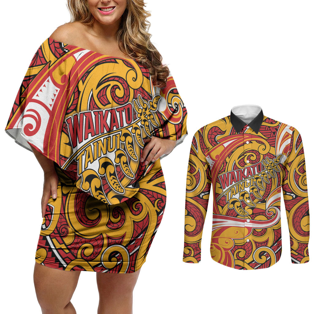 Custom Aotearoa Waikato Tainui Couples Matching Off Shoulder Short Dress and Long Sleeve Button Shirt Maori Tribal Pattern Koru Motif DT05 Yellow - Polynesian Pride
