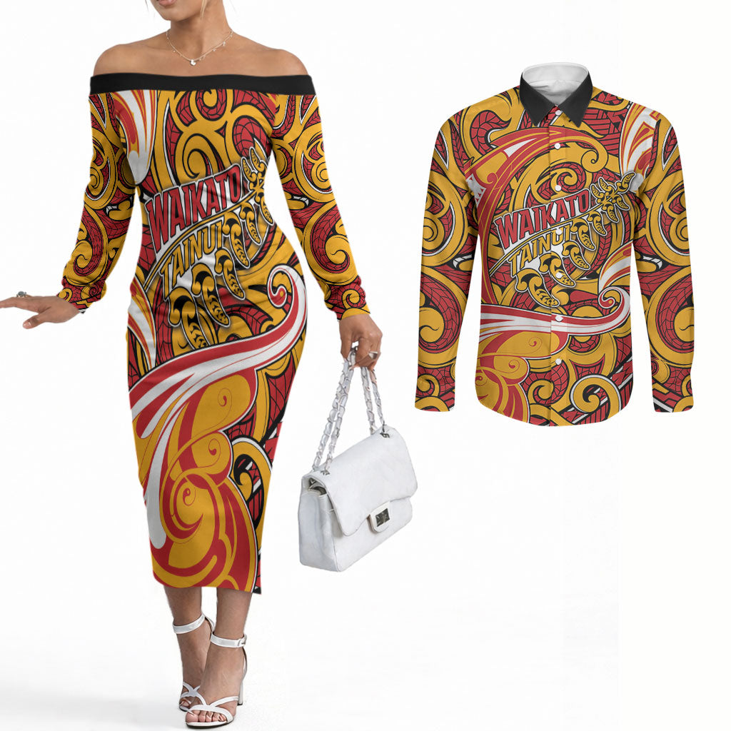 Custom Aotearoa Waikato Tainui Couples Matching Off The Shoulder Long Sleeve Dress and Long Sleeve Button Shirt Maori Tribal Pattern Koru Motif DT05 Yellow - Polynesian Pride