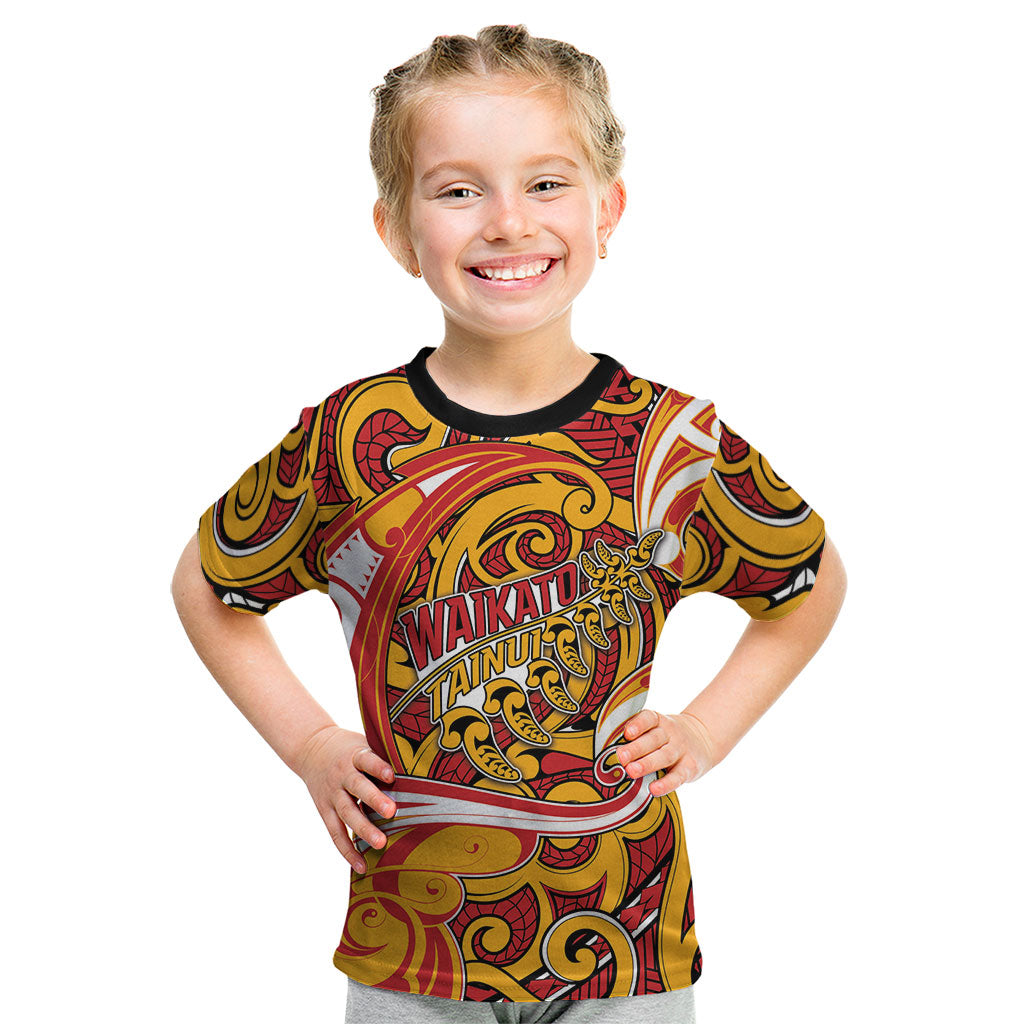 Custom Aotearoa Waikato Tainui Kid T Shirt Maori Tribal Pattern Koru Motif