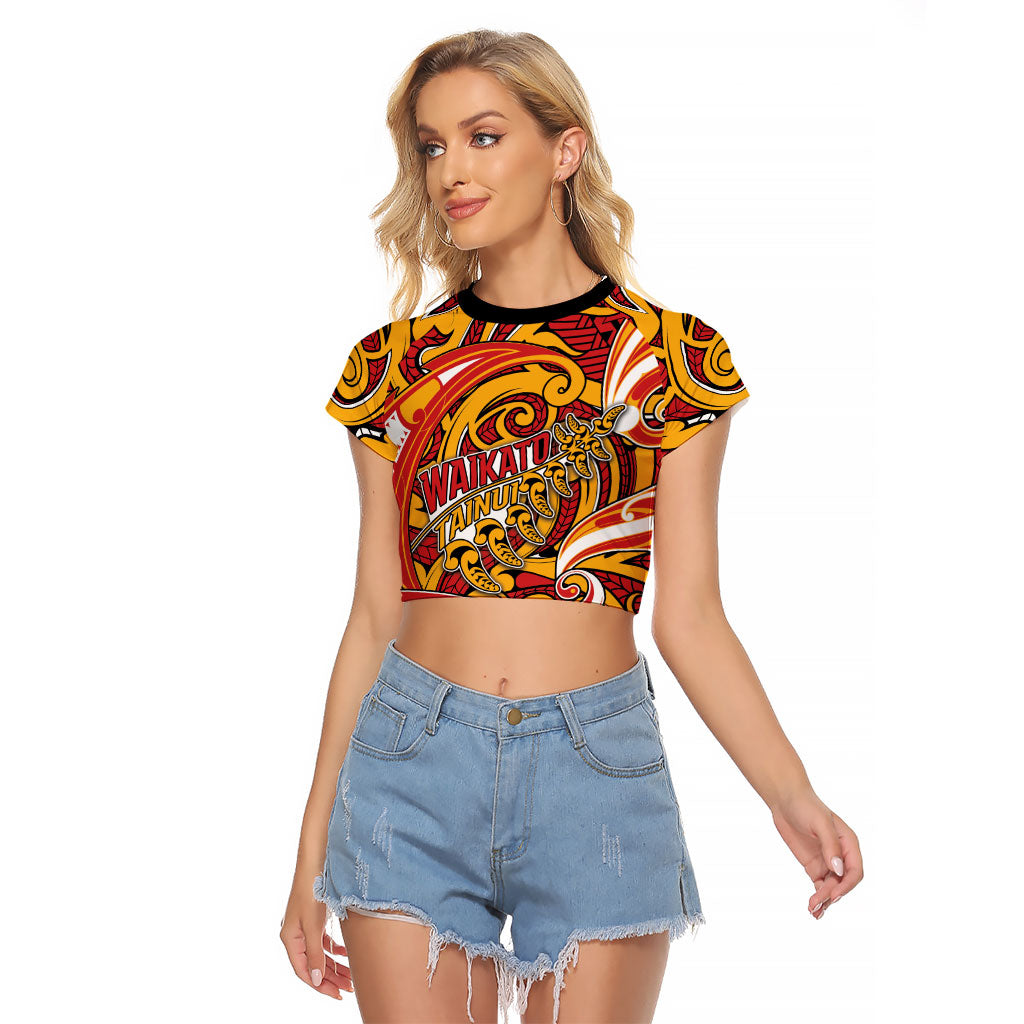Custom Aotearoa Waikato Tainui Raglan Cropped T Shirt Maori Tribal Pattern Koru Motif DT05 Female Yellow - Polynesian Pride