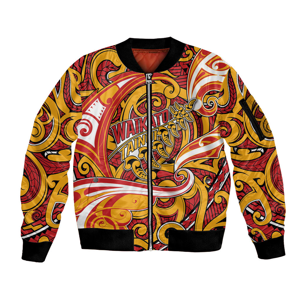 Custom Aotearoa Waikato Tainui Sleeve Zip Bomber Jacket Maori Tribal Pattern Koru Motif