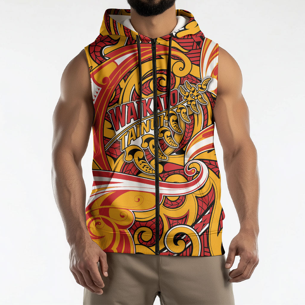 Custom Aotearoa Waikato Tainui Sleeveless Zip Hoodie Maori Tribal Pattern Koru Motif