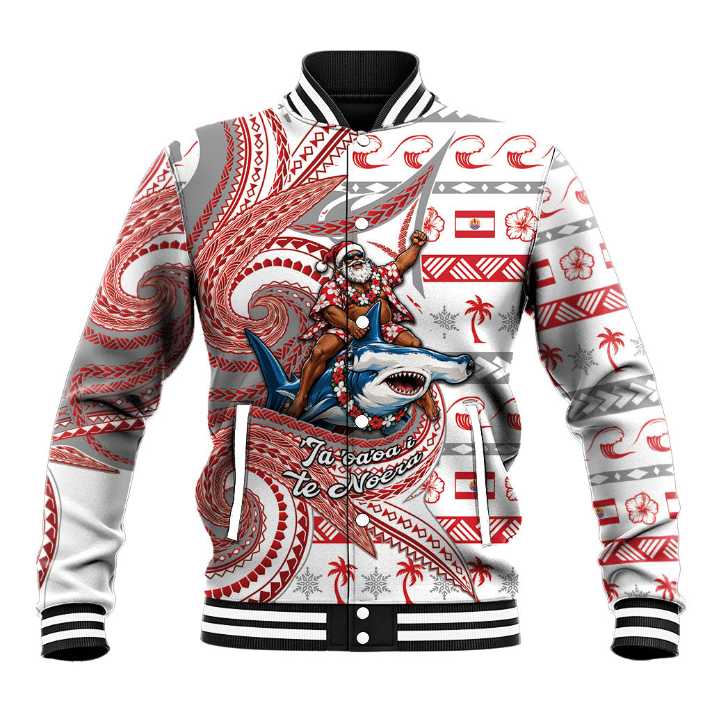 French Polynesian Christmas Baseball Jacket Santa Riding Hammerhead Shark Tahitian DT05 Unisex White - Polynesian Pride