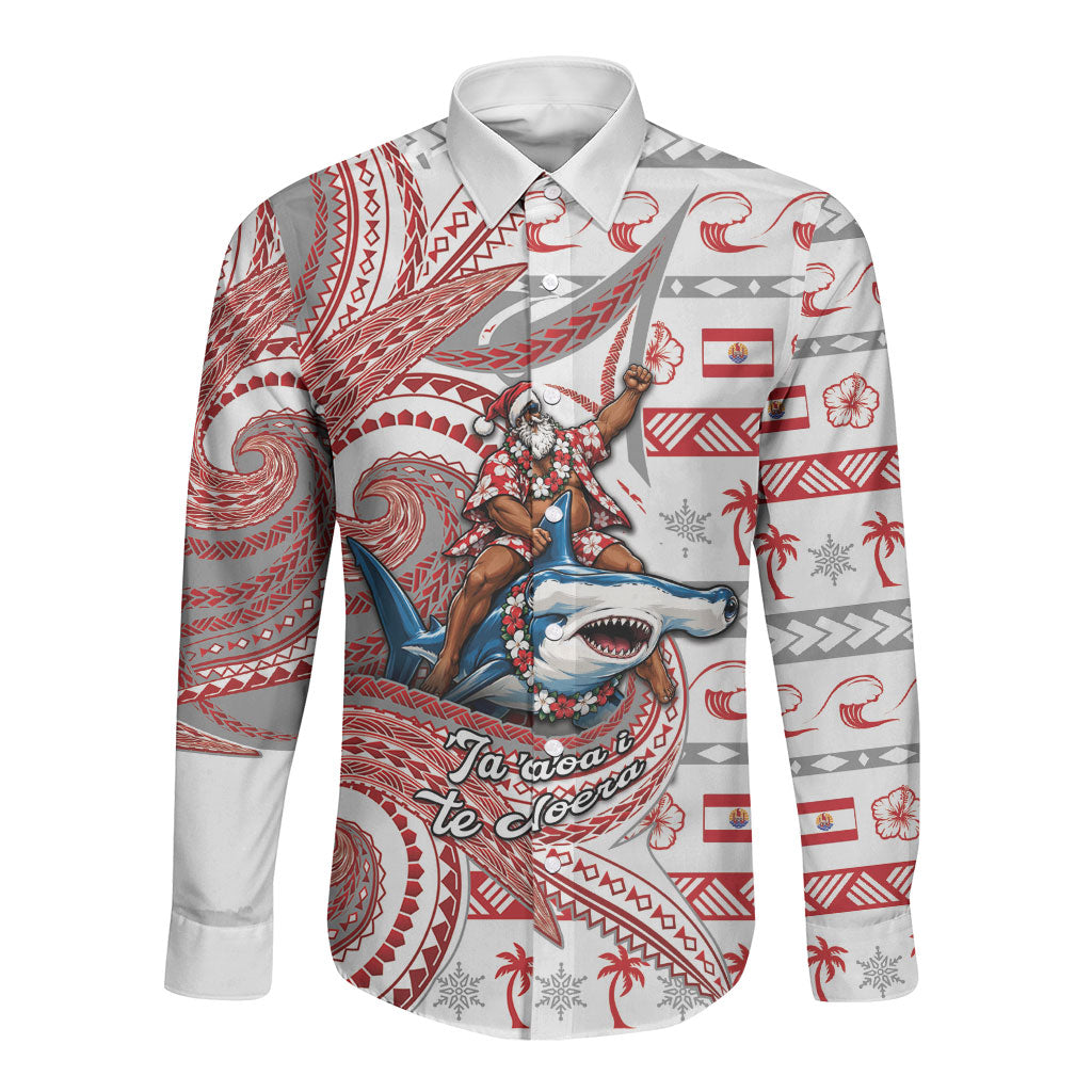 French Polynesian Christmas Long Sleeve Button Shirt Santa Riding Hammerhead Shark Tahitian DT05 Unisex White - Polynesian Pride