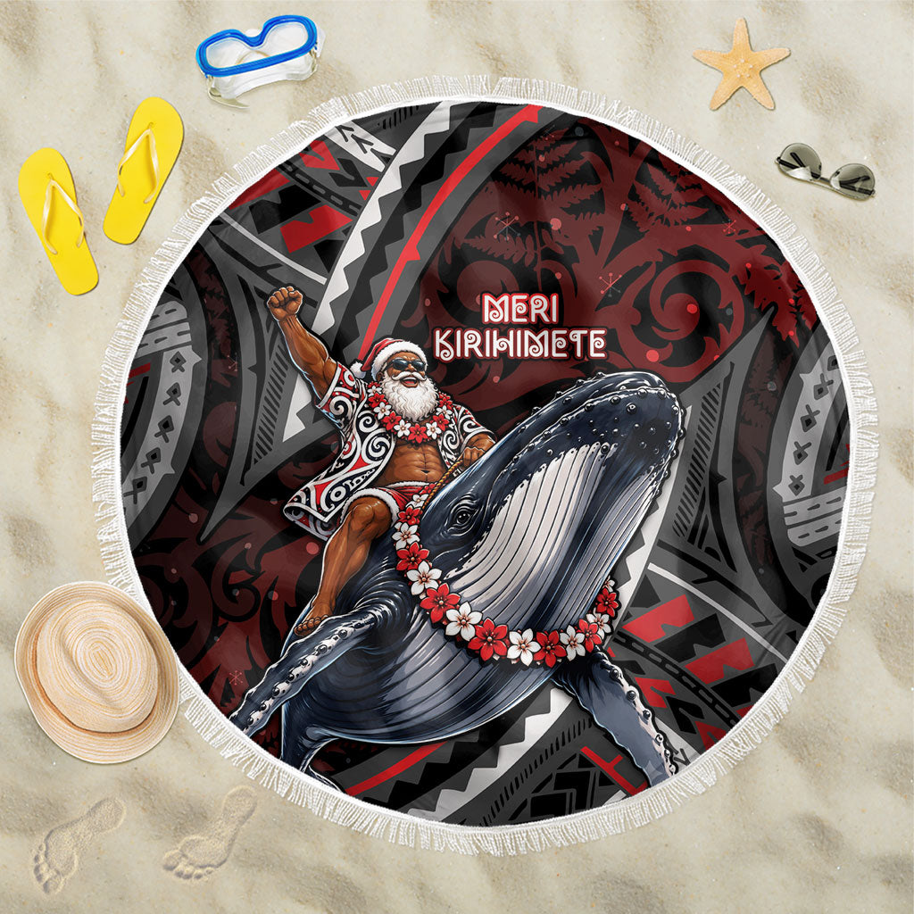 Aotearoa Christmas Beach Blanket Santa Riding Humpback Whale Maori Koru DT05 One Size 150cm Red - Polynesian Pride