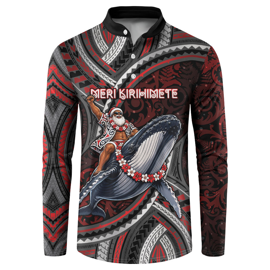 Aotearoa Christmas Button Sweatshirt Santa Riding Humpback Whale Maori Koru DT05 Red - Polynesian Pride