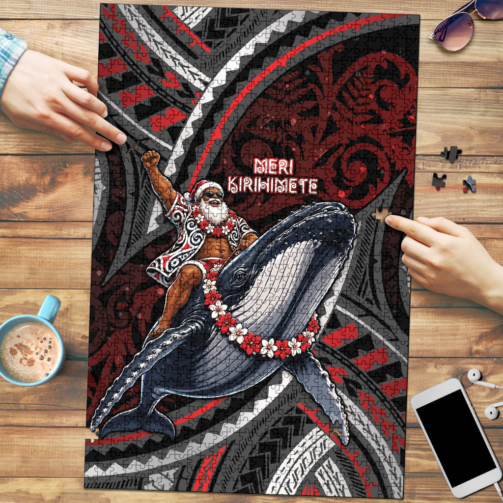 Aotearoa Christmas Puzzle Santa Riding Humpback Whale Maori Koru DT05 Red - Polynesian Pride