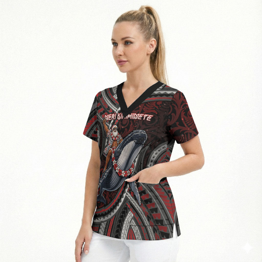 Aotearoa Christmas Scrub Top Santa Riding Humpback Whale Maori Koru DT05 - Polynesian Pride
