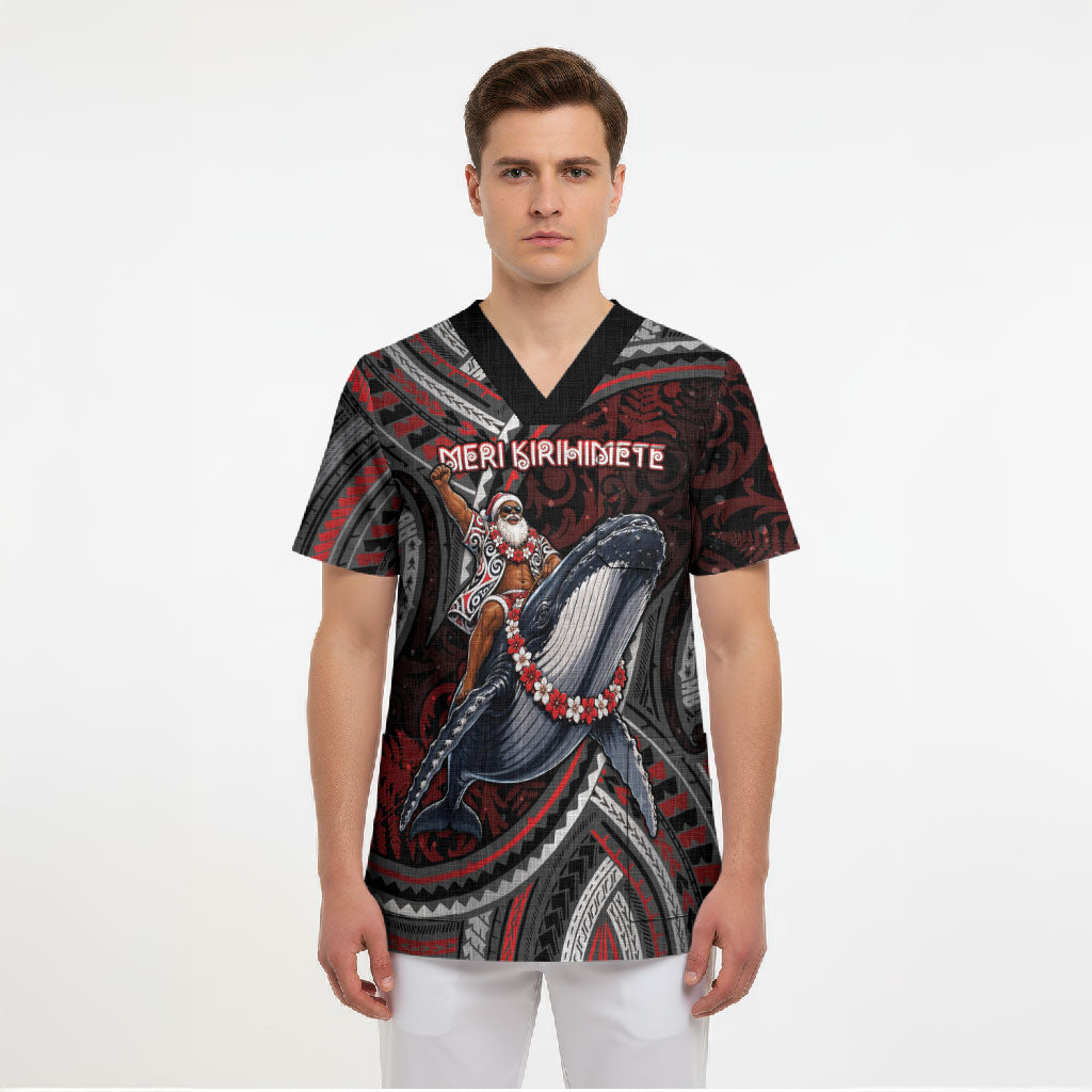 Aotearoa Christmas Scrub Top Santa Riding Humpback Whale Maori Koru DT05 - Polynesian Pride