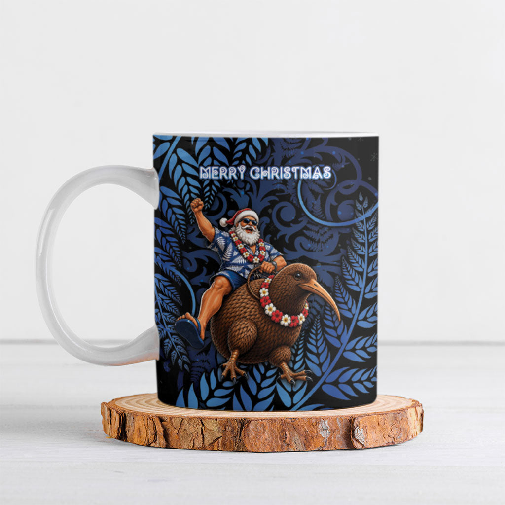 New Zealand Christmas Ceramic Mug Santa Riding Kiwi Bird Silver Fern DT05 Navy - Polynesian Pride