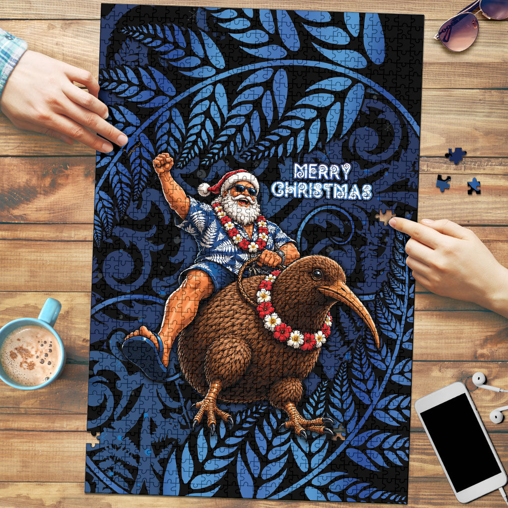 New Zealand Christmas Puzzle Santa Riding Kiwi Bird Silver Fern DT05 Navy - Polynesian Pride