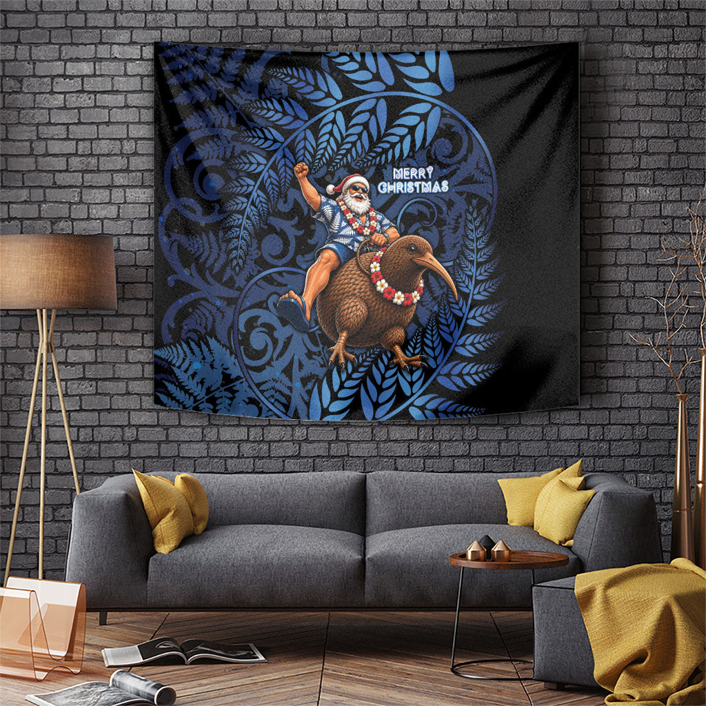 New Zealand Christmas Tapestry Santa Riding Kiwi Bird Silver Fern DT05 Navy - Polynesian Pride