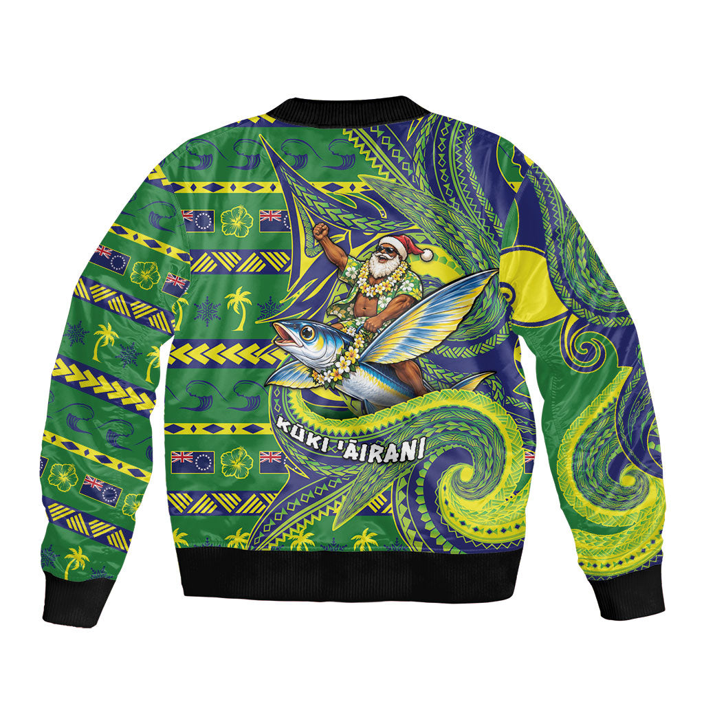 Cook Islands Christmas Bomber Jacket Santa Riding Flying Fish DT05 - Polynesian Pride