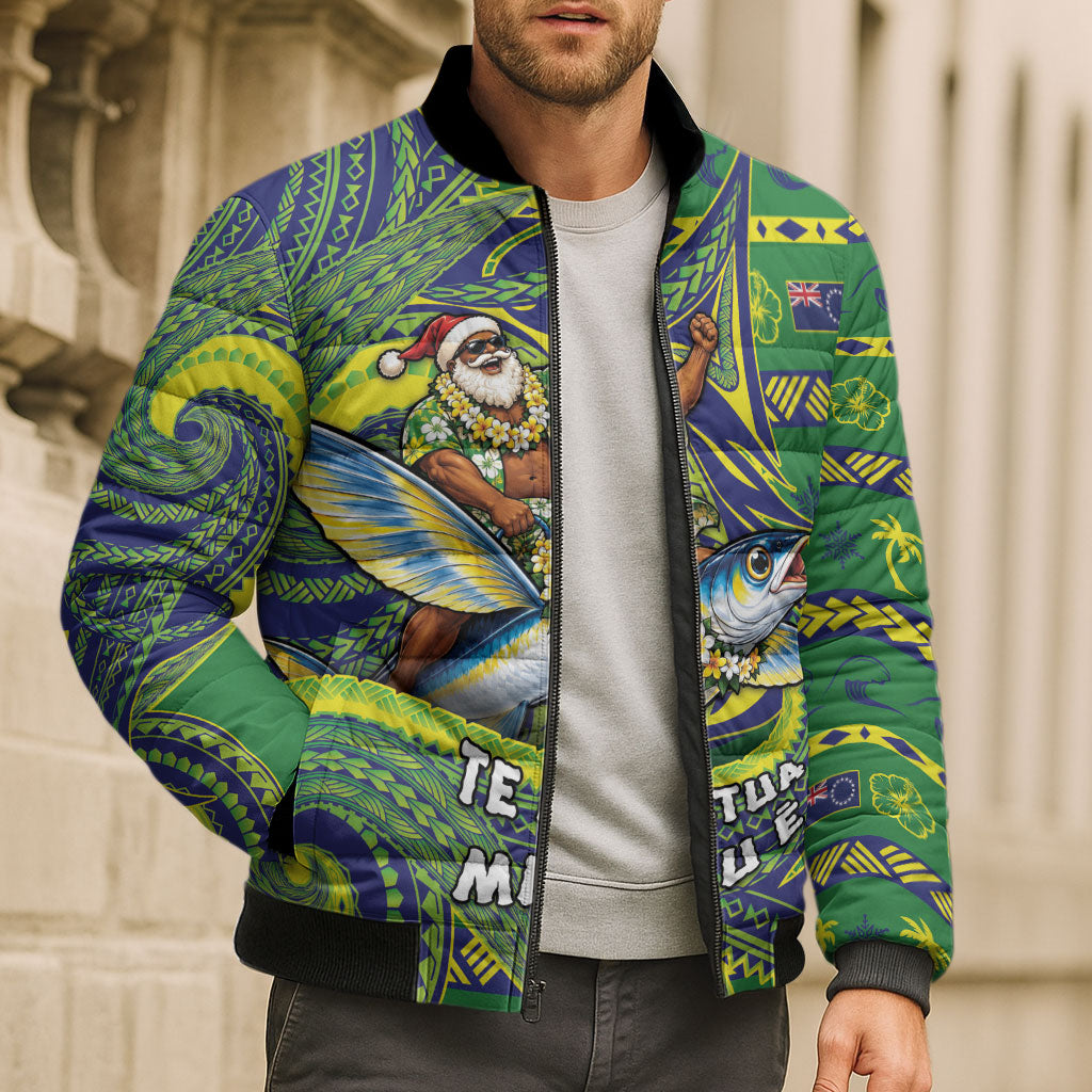 Cook Islands Christmas Bomber Puffer Jacket Santa Riding Flying Fish DT05 - Polynesian Pride