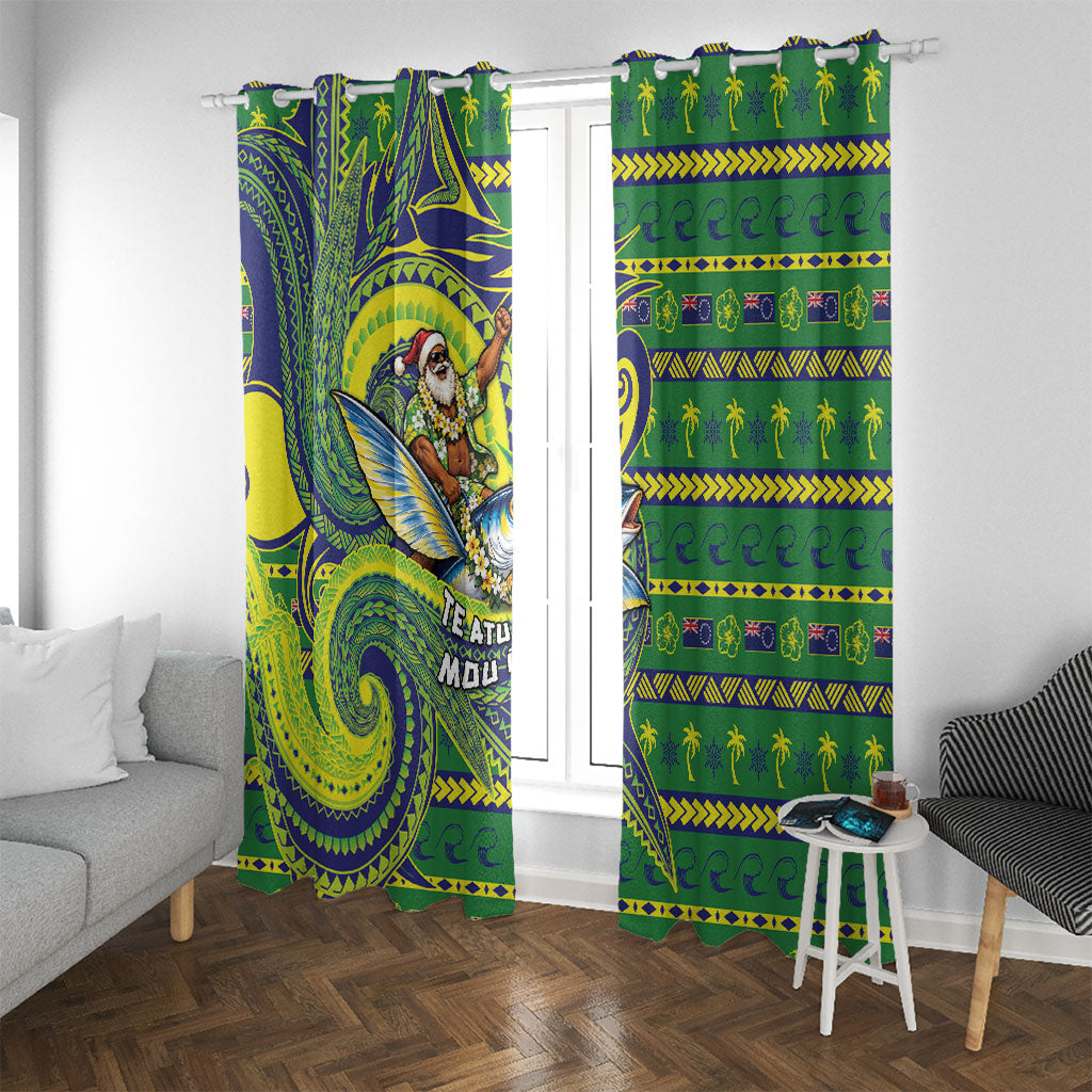Cook Islands Christmas Window Curtain Santa Riding Flying Fish DT05 With Grommets Green - Polynesian Pride