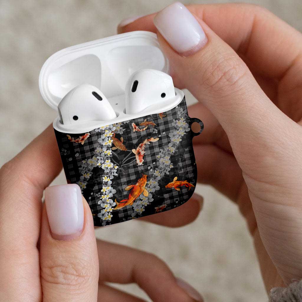 Black Palaka Hawaiian And Japanese AirPods Case Sakura Lei With Koi Fish - Polynesian Pride