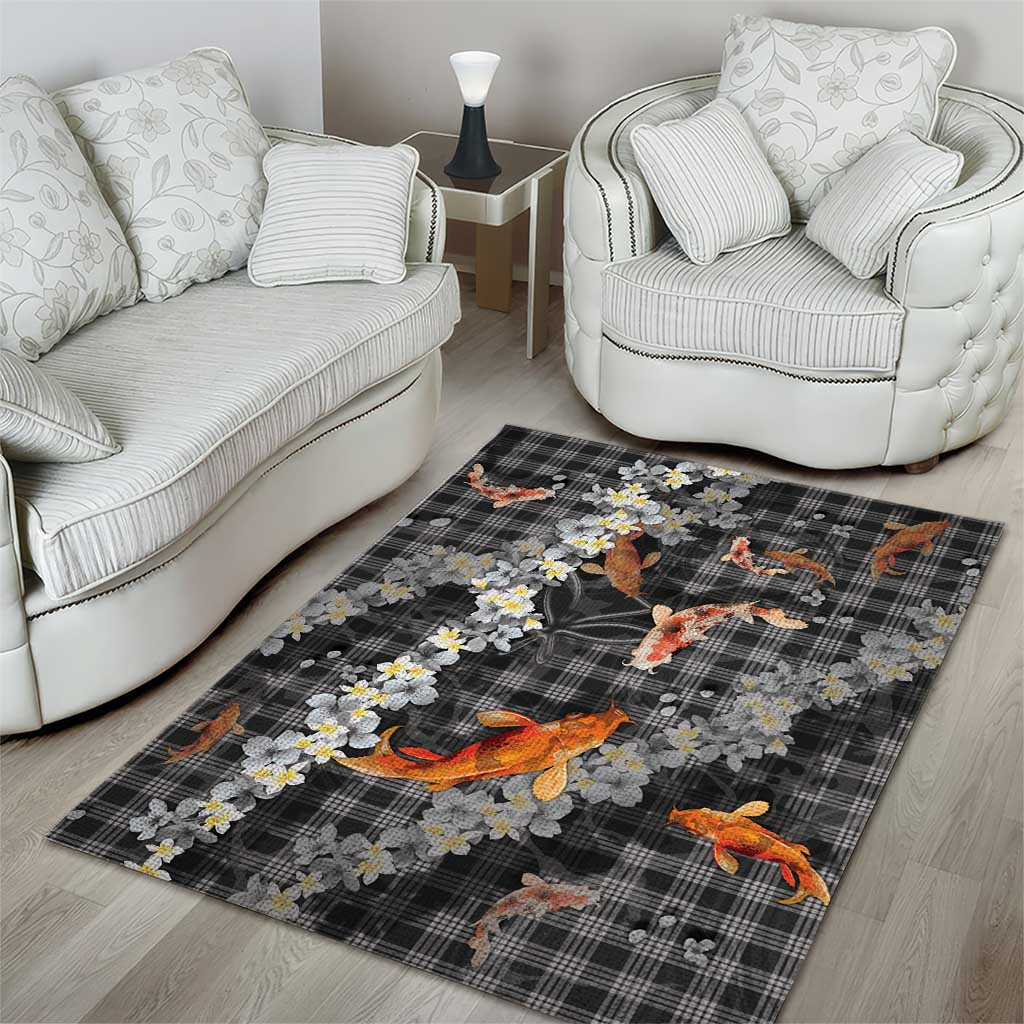 Black Palaka Hawaiian And Japanese Area Rug Sakura Lei With Koi Fish - Polynesian Pride