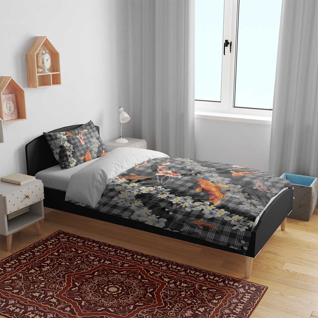 Black Palaka Hawaiian And Japanese Bedding Set Sakura Lei With Koi Fish - Polynesian Pride