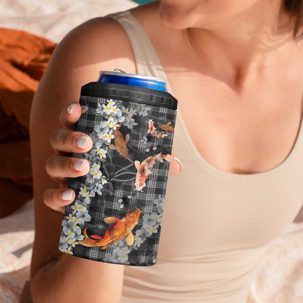 Black Palaka Hawaiian And Japanese 4 in 1 Can Cooler Tumbler Sakura Lei With Koi Fish - Polynesian Pride