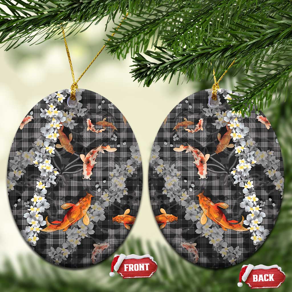 Black Palaka Hawaiian And Japanese Ceramic Ornament Sakura Lei With Koi Fish - Polynesian Pride