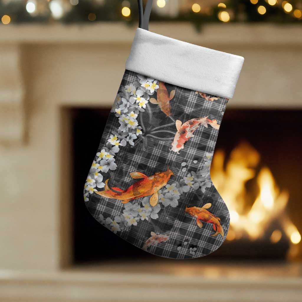 Black Palaka Hawaiian And Japanese Christmas Stocking Sakura Lei With Koi Fish DT05 Set of 2 Black - Polynesian Pride