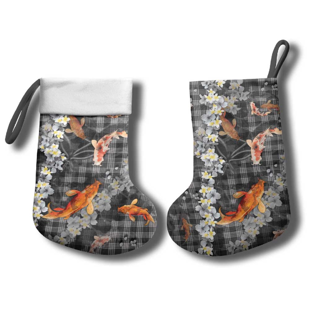 Black Palaka Hawaiian And Japanese Christmas Stocking Sakura Lei With Koi Fish DT05 - Polynesian Pride