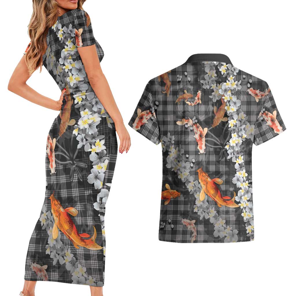 Black Palaka Hawaiian And Japanese Couples Matching Short Sleeve Bodycon Dress and Hawaiian Shirt Sakura Lei With Koi Fish - Polynesian Pride