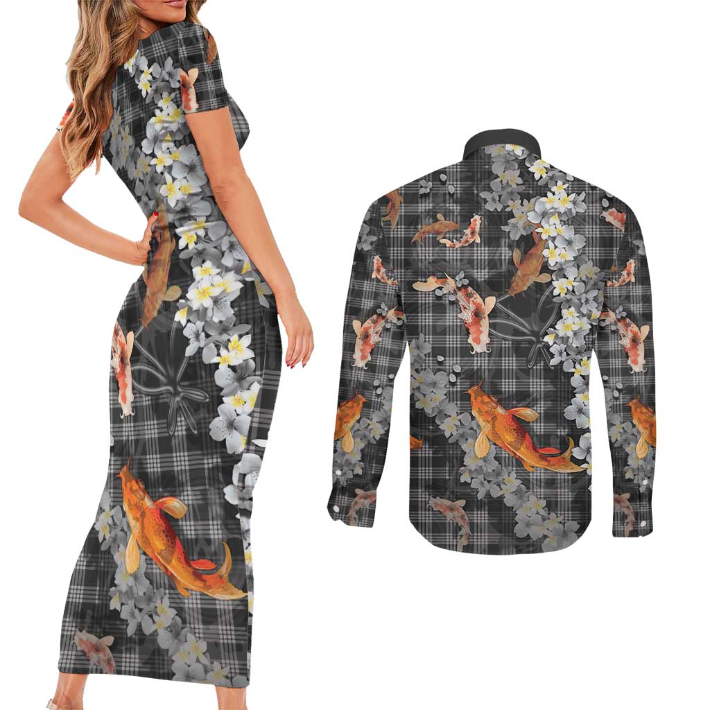 Black Palaka Hawaiian And Japanese Couples Matching Short Sleeve Bodycon Dress and Long Sleeve Button Shirt Sakura Lei With Koi Fish - Polynesian Pride