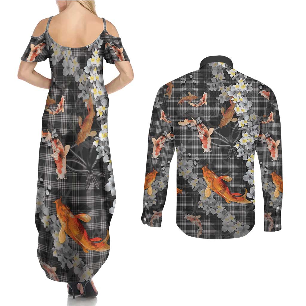 Black Palaka Hawaiian And Japanese Couples Matching Summer Maxi Dress and Long Sleeve Button Shirt Sakura Lei With Koi Fish - Polynesian Pride
