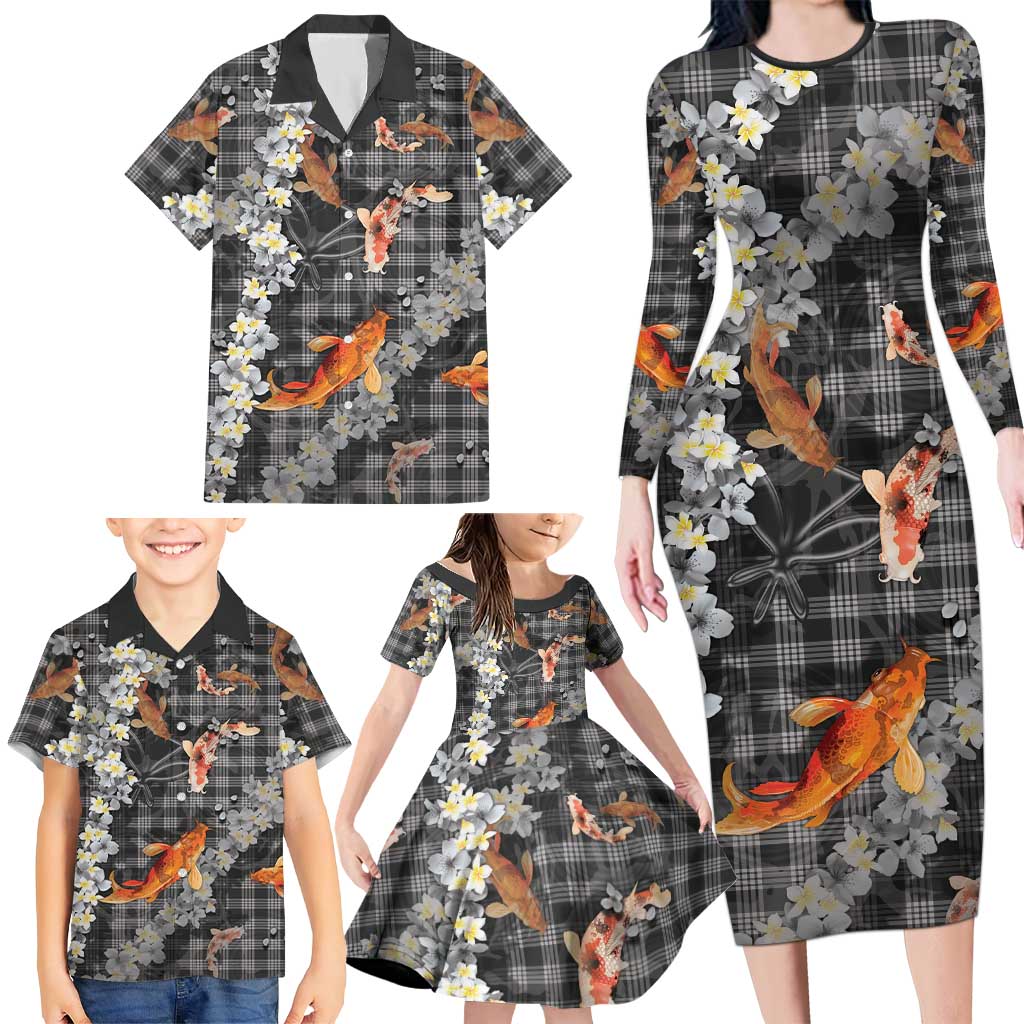 Black Palaka Hawaiian And Japanese Family Matching Long Sleeve Bodycon Dress and Hawaiian Shirt Sakura Lei With Koi Fish - Polynesian Pride