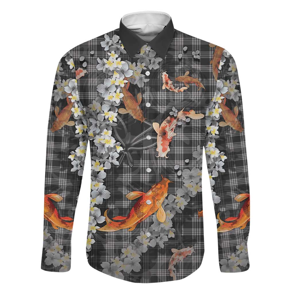 Black Palaka Hawaiian And Japanese Family Matching Long Sleeve Bodycon Dress and Hawaiian Shirt Sakura Lei With Koi Fish - Polynesian Pride