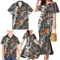 Black Palaka Hawaiian And Japanese Family Matching Mermaid Dress and Hawaiian Shirt Sakura Lei With Koi Fish - Polynesian Pride
