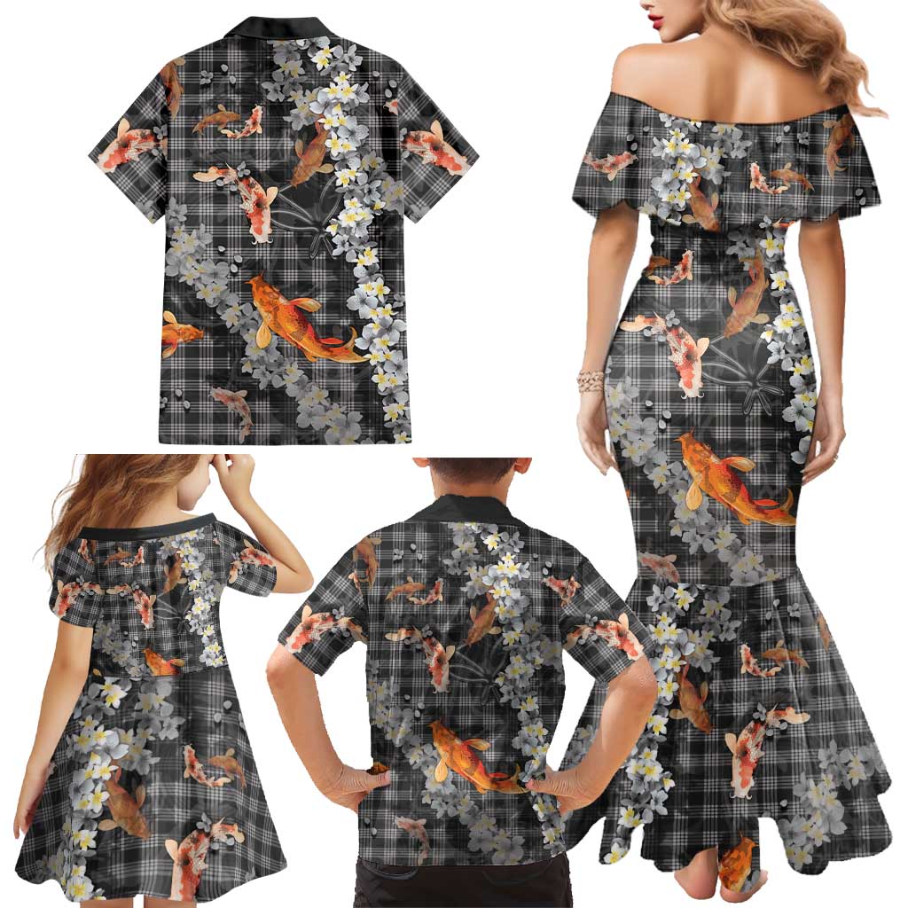 Black Palaka Hawaiian And Japanese Family Matching Mermaid Dress and Hawaiian Shirt Sakura Lei With Koi Fish - Polynesian Pride