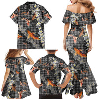 Black Palaka Hawaiian And Japanese Family Matching Mermaid Dress and Hawaiian Shirt Sakura Lei With Koi Fish - Polynesian Pride